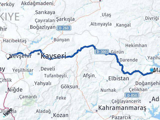 Malatya Battalgazi Nevşehir Arası Kaç Km - Yol Haritası