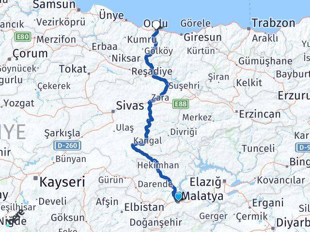 Malatya Battalgazi Ordu Arası Kaç Km - Yol Haritası
