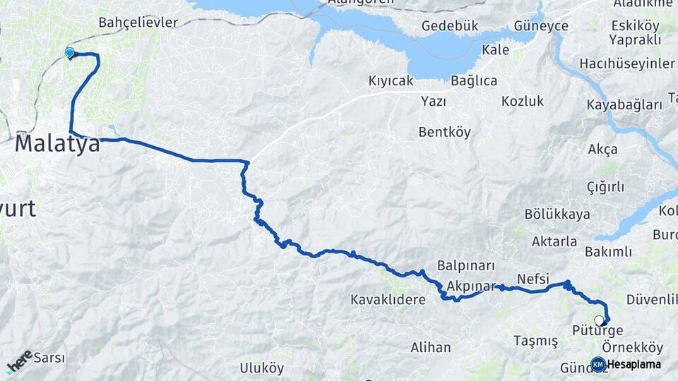 Malatya Battalgazi Pütürge Arası Kaç Km - Yol Haritası