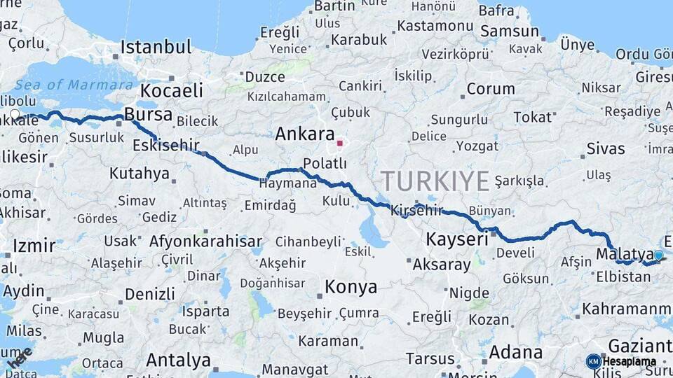 Malatya Biga Çanakkale Arası Kaç Km - Yol Haritası