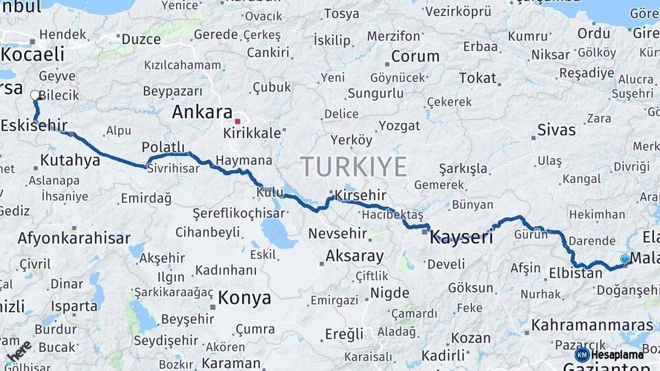Malatya Bilecik Arası Kaç Km - Yol Haritası