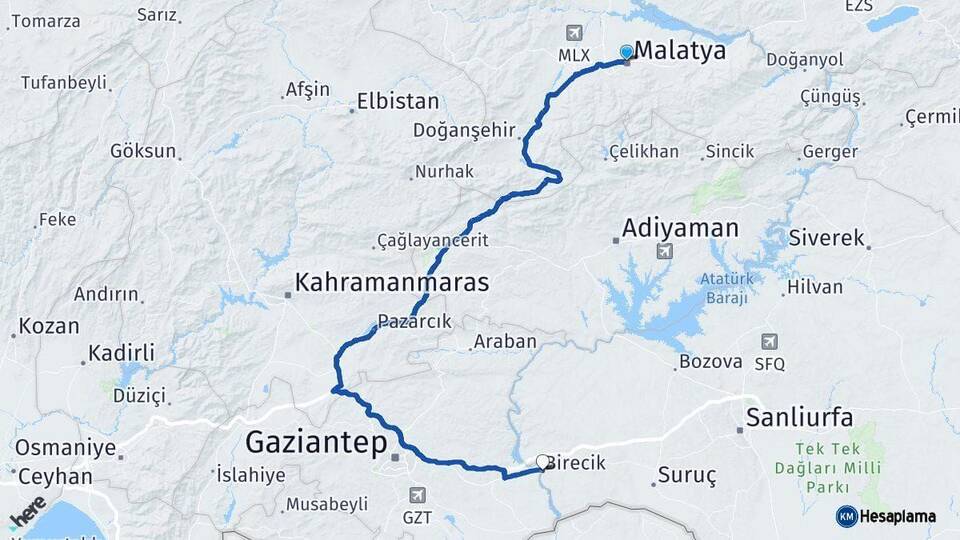 Malatya Birecik Şanlıurfa Arası Kaç Km - Yol Haritası