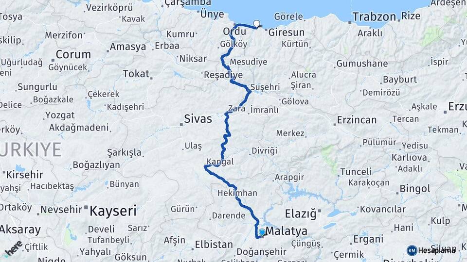 Malatya Bulancak Giresun Arası Kaç Km - Yol Haritası