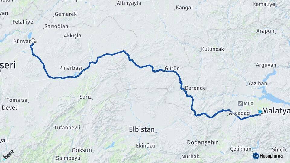 Malatya Bünyan Kayseri Arası Kaç Km - Yol Haritası