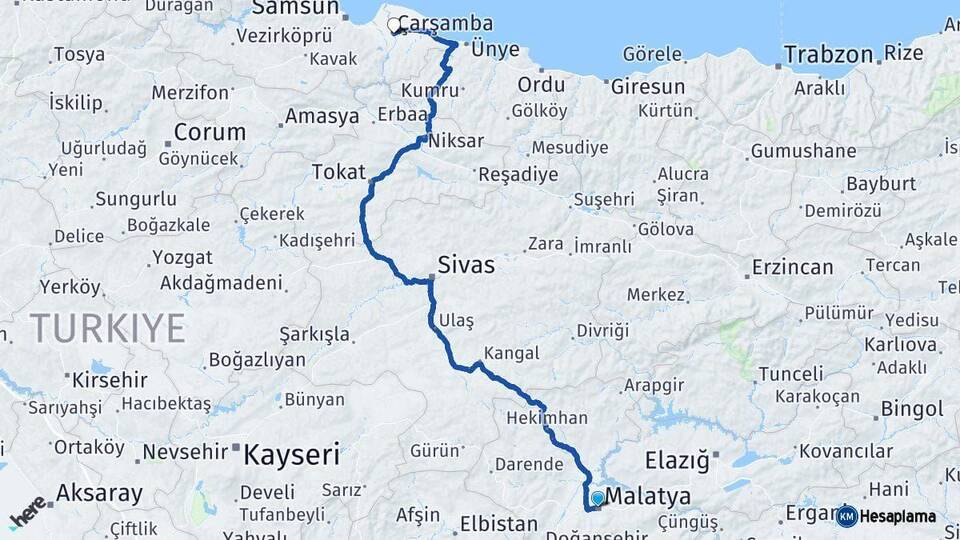 Malatya Çarşamba Samsun Arası Kaç Km - Yol Haritası