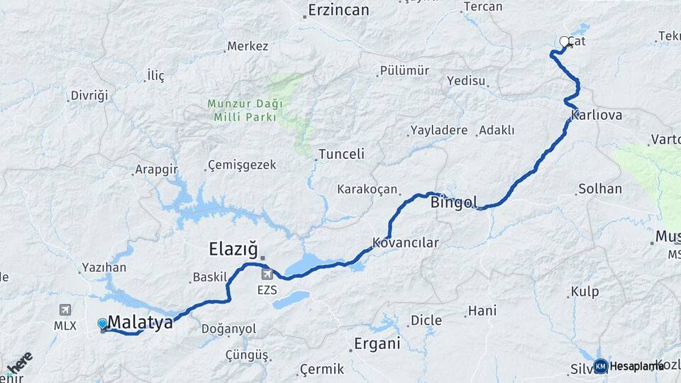 Malatya Çat Erzurum Arası Kaç Km - Yol Haritası