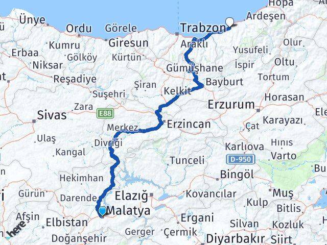 Malatya Çayeli Rize Arası Kaç Km - Yol Haritası
