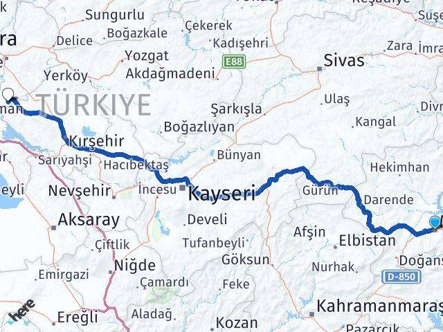 Malatya Çelebi Kırıkkale Arası Kaç Km - Yol Haritası