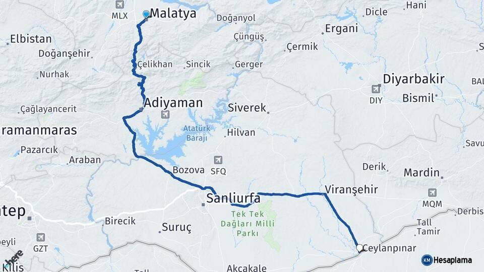 Malatya Ceylanpınar Şanlıurfa Arası Kaç Km - Yol Haritası