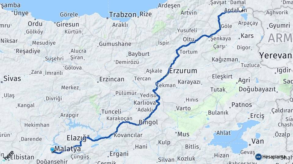 Malatya Çıldır Ardahan Arası Kaç Km - Yol Haritası