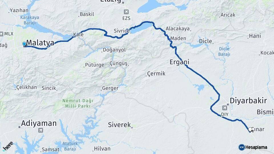 Malatya Çınar Diyarbakır Arası Kaç Km - Yol Haritası