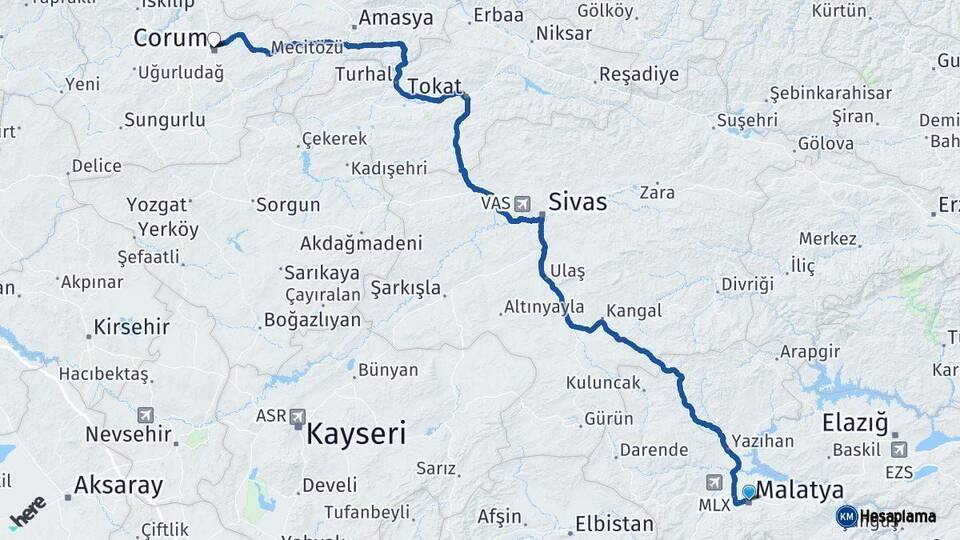 Malatya Çorum Arası Kaç Km - Yol Haritası