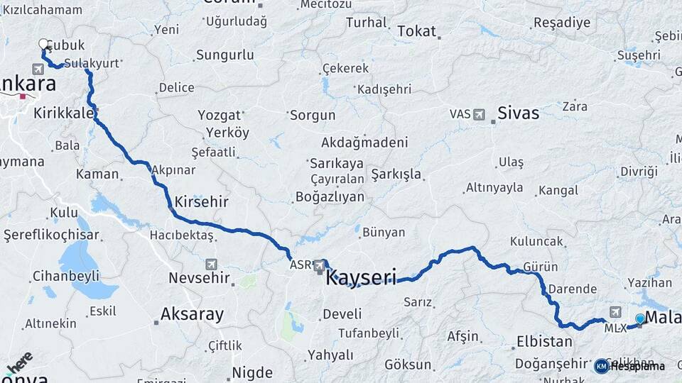 Malatya Çubuk Ankara Arası Kaç Km - Yol Haritası