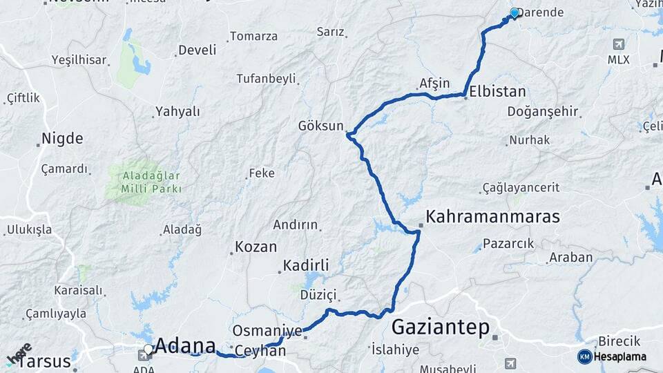 Malatya Darende Adana Arası Kaç Km - Yol Haritası