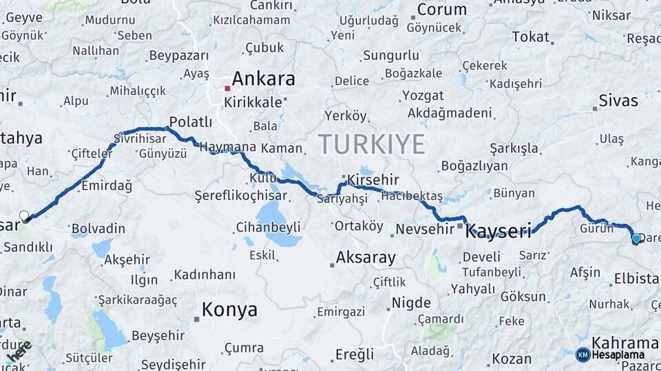 Malatya Darende Afyonkarahisar Arası Kaç Km - Yol Haritası
