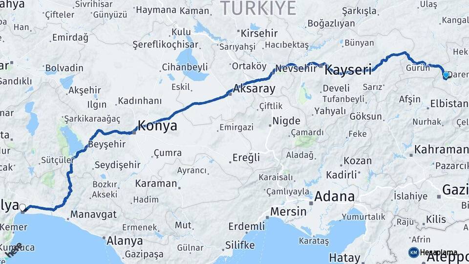 Malatya Darende Antalya Arası Kaç Km - Yol Haritası