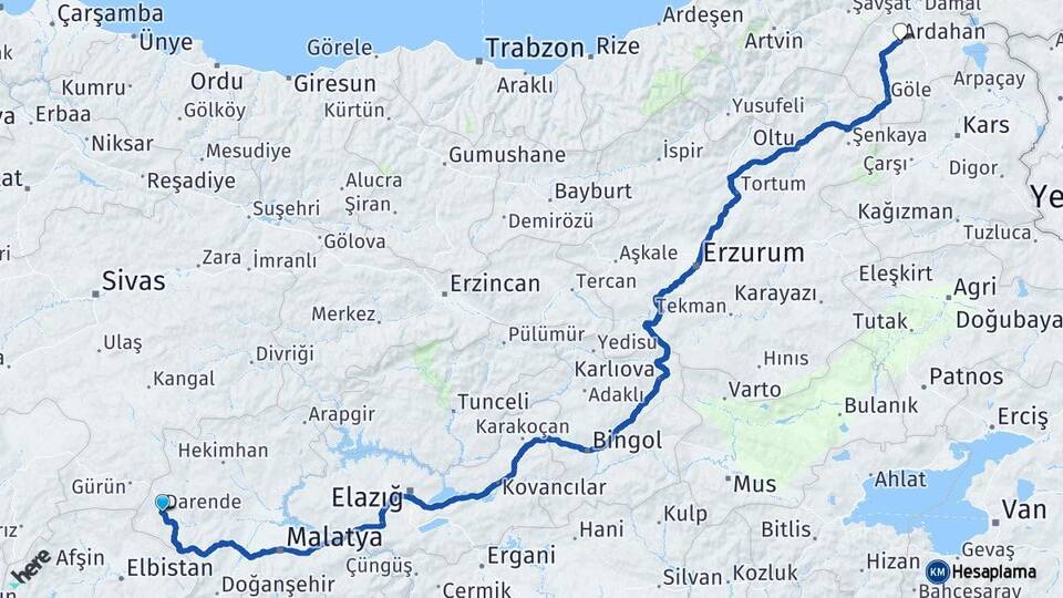 Malatya Darende Ardahan Arası Kaç Km - Yol Haritası