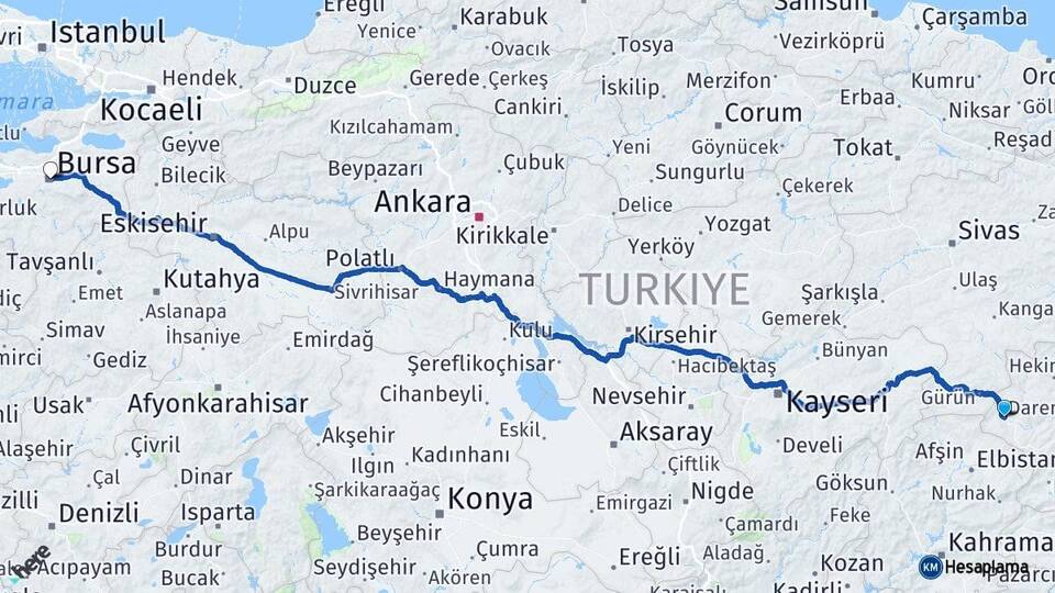 Malatya Darende Bursa Arası Kaç Km - Yol Haritası