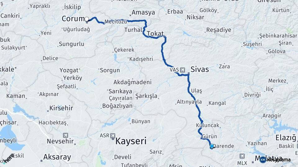 Malatya Darende Çorum Arası Kaç Km - Yol Haritası