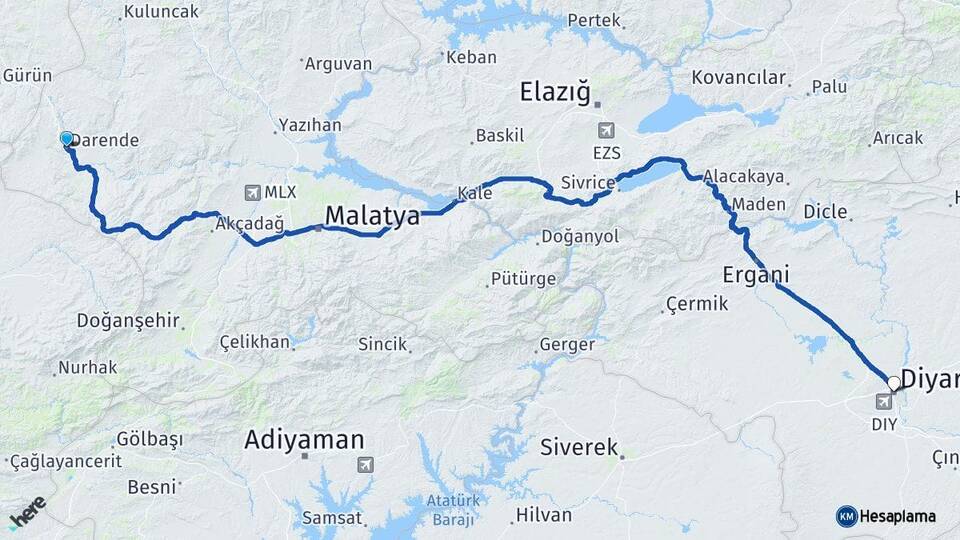 Malatya Darende Diyarbakır Arası Kaç Km - Yol Haritası