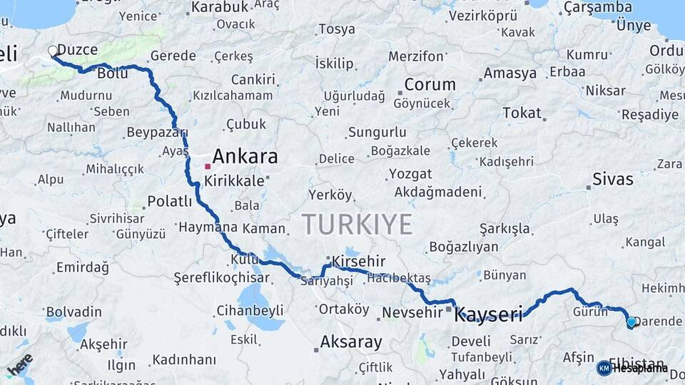 Malatya Darende Düzce Arası Kaç Km - Yol Haritası