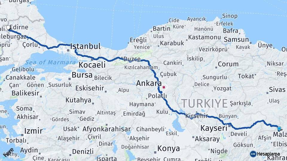 Malatya Darende Edirne Arası Kaç Km - Yol Haritası