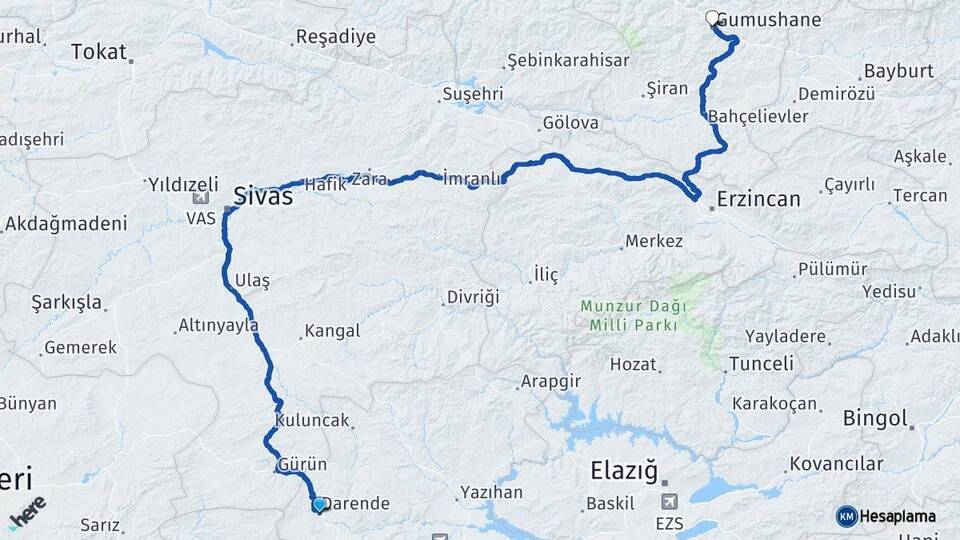 Malatya Darende Gümüşhane Arası Kaç Km - Yol Haritası