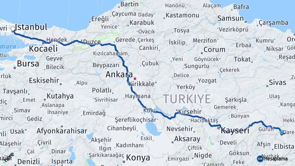 Malatya Darende İstanbul Arası Kaç Km - Yol Haritası