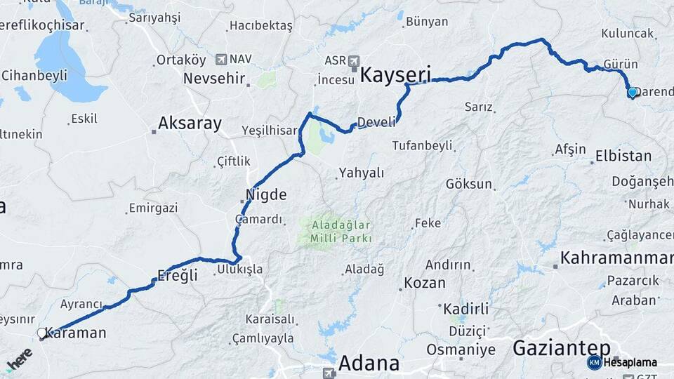 Malatya Darende Karaman Arası Kaç Km - Yol Haritası