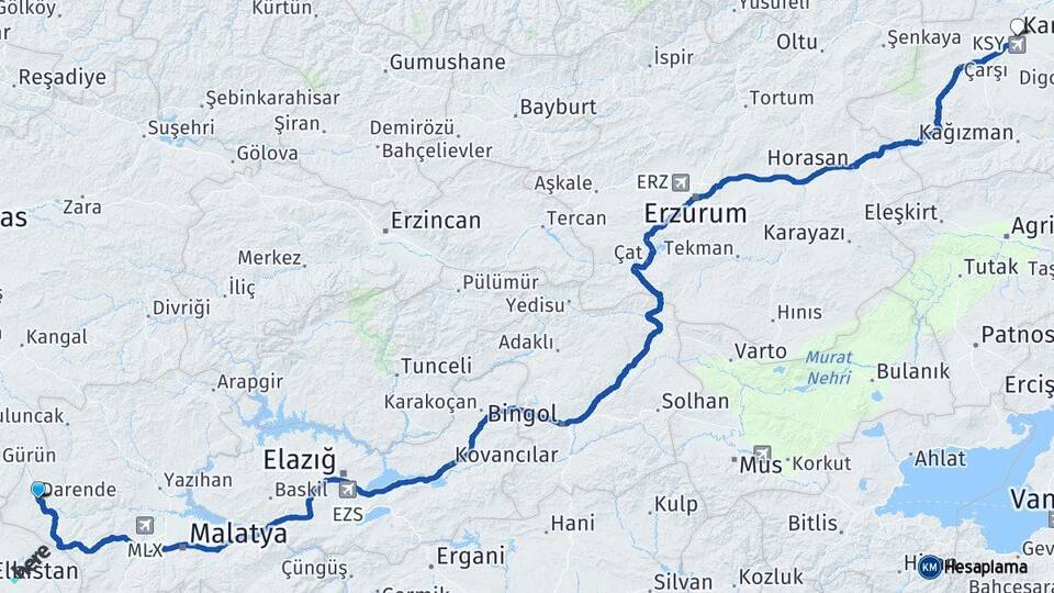 Malatya Darende Kars Arası Kaç Km - Yol Haritası
