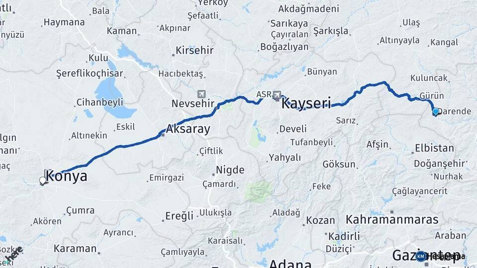 Malatya Darende Konya Arası Kaç Km - Yol Haritası