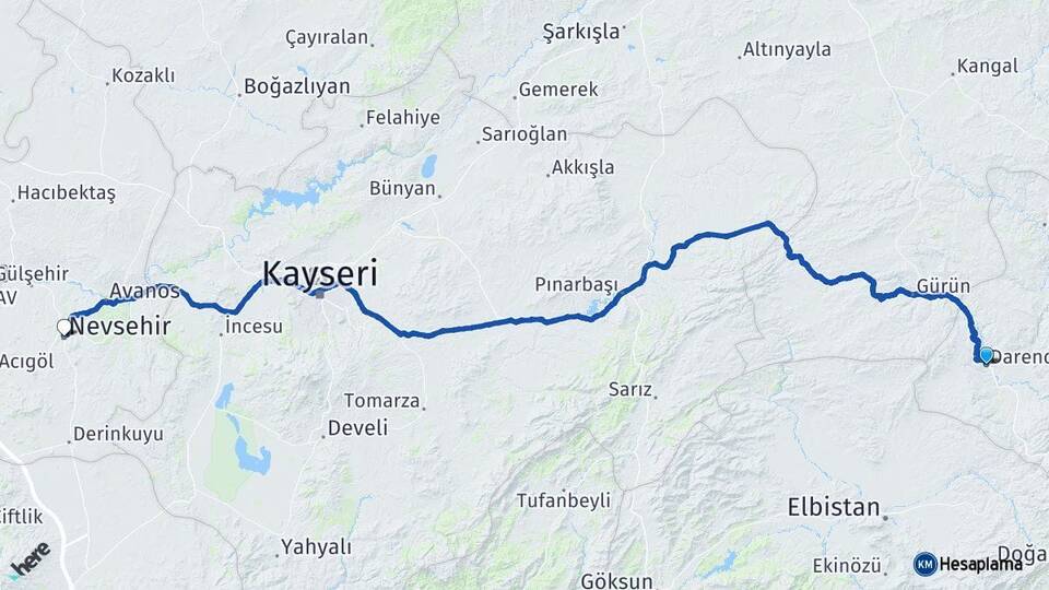 Malatya Darende Nevşehir Arası Kaç Km - Yol Haritası