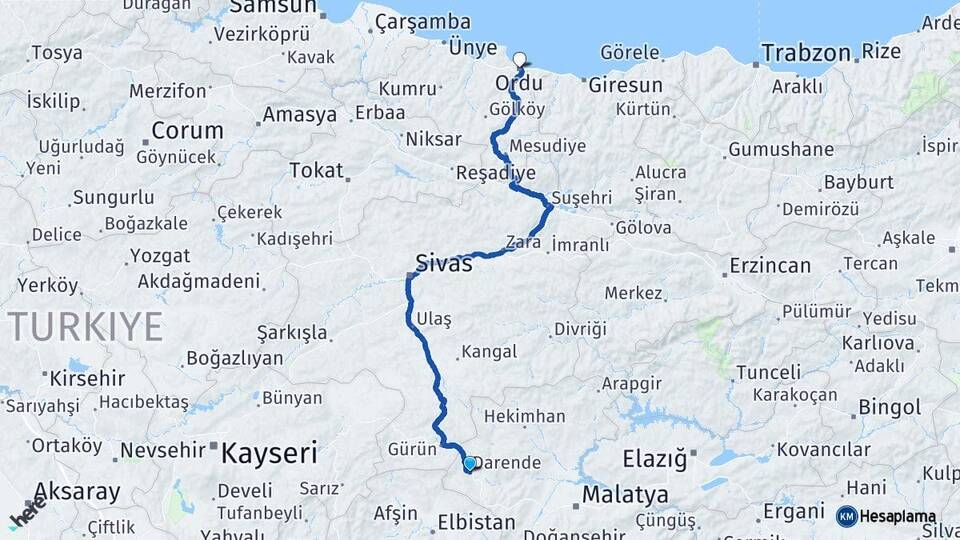 Malatya Darende Ordu Arası Kaç Km - Yol Haritası