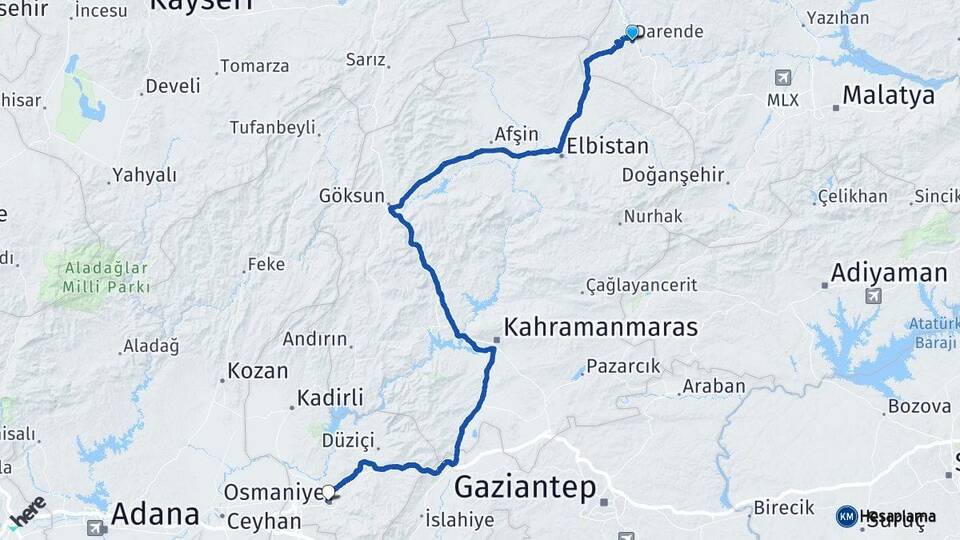 Malatya Darende Osmaniye Arası Kaç Km - Yol Haritası