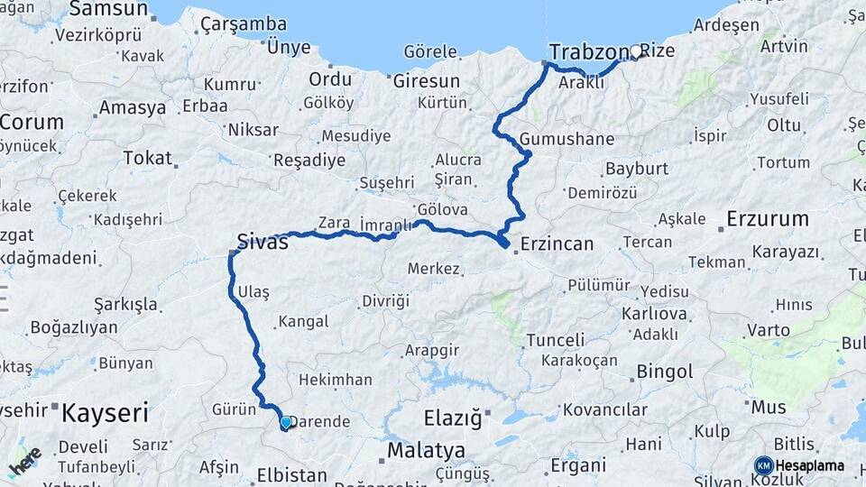 Malatya Darende Rize Arası Kaç Km - Yol Haritası
