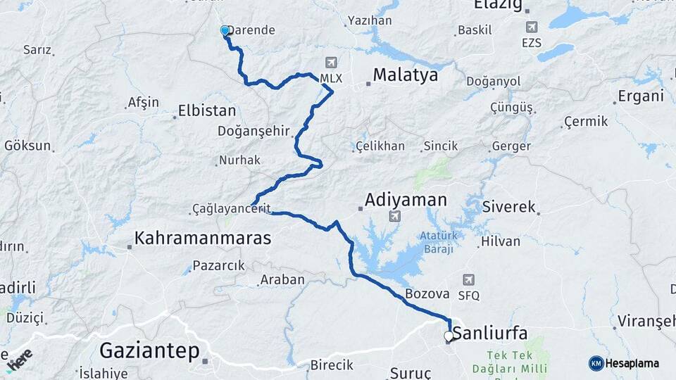 Malatya Darende Şanlıurfa Arası Kaç Km - Yol Haritası