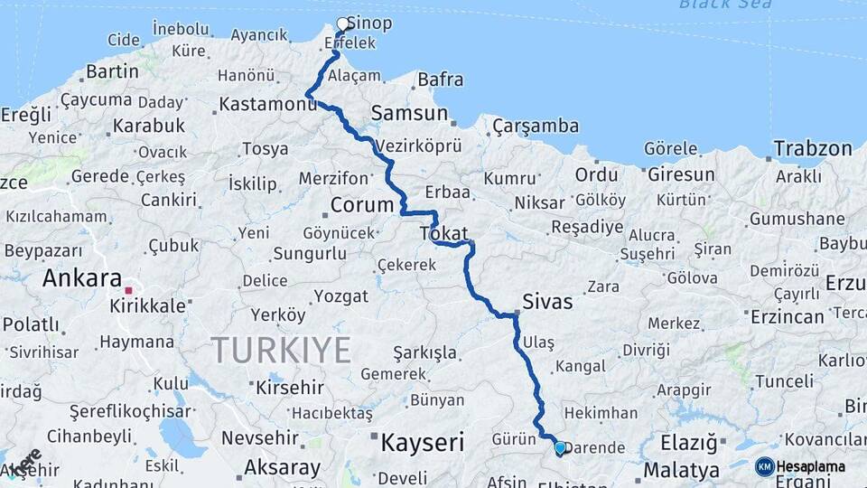 Malatya Darende Sinop Arası Kaç Km - Yol Haritası