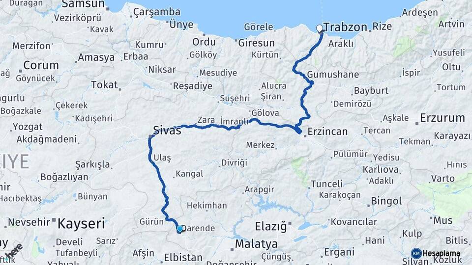 Malatya Darende Trabzon Arası Kaç Km - Yol Haritası