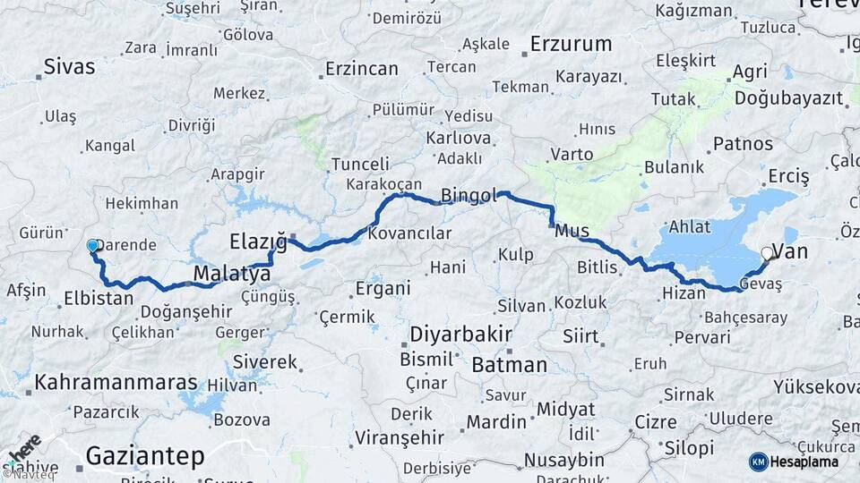 Malatya Darende Van Arası Kaç Km - Yol Haritası
