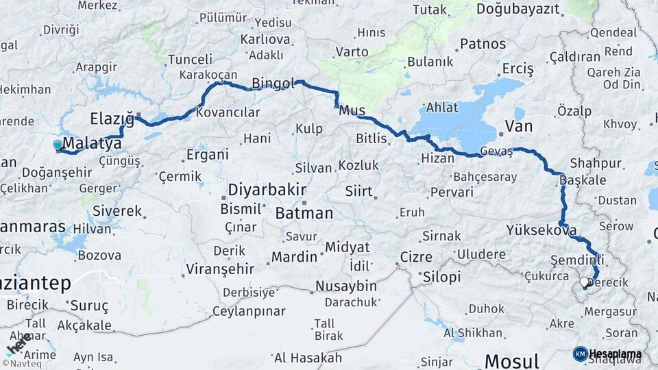 Malatya Derecik Hakkari Arası Kaç Km - Yol Haritası