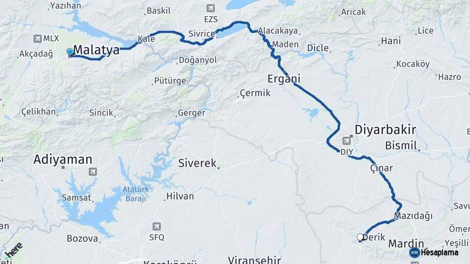 Malatya Derik Mardin Arası Kaç Km - Yol Haritası