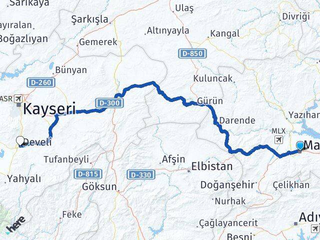 Malatya Develi Kayseri Arası Kaç Km - Yol Haritası