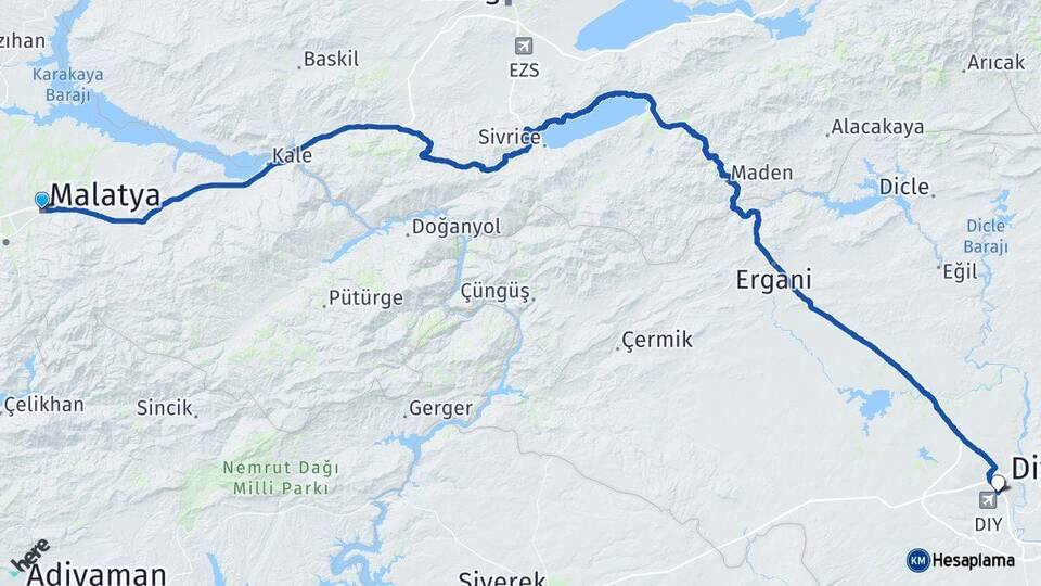 Malatya Diyarbakır Havalimanı Arası Kaç Km - Yol Haritası