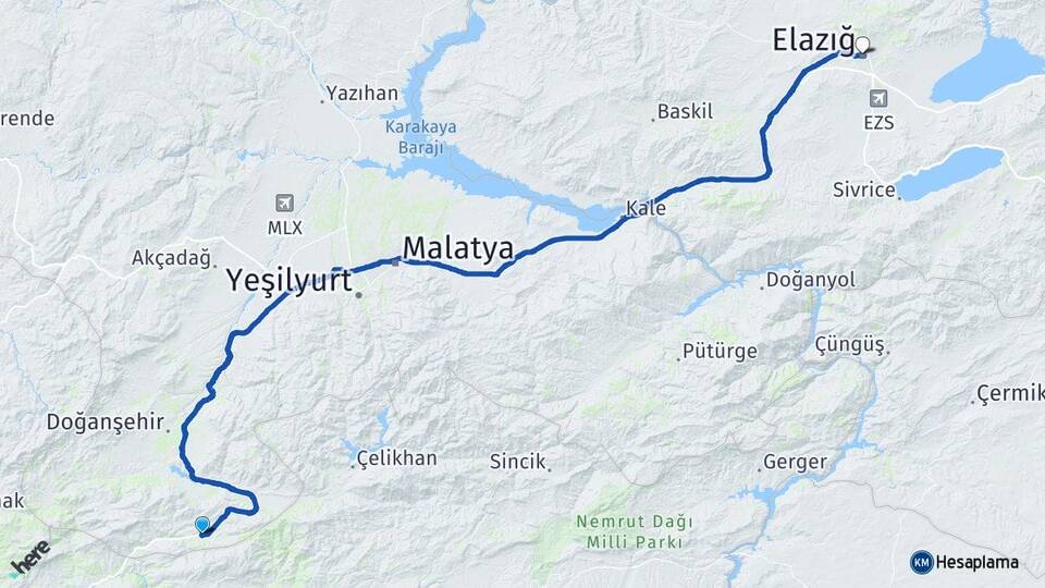Malatya Doğanşehir Erkenek Elazığ Arası Kaç Km - Yol Haritası