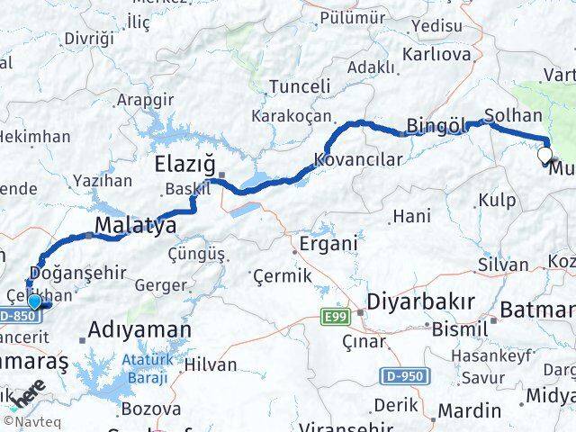 Malatya Doğanşehir Erkenek Muş Arası Kaç Km - Yol Haritası