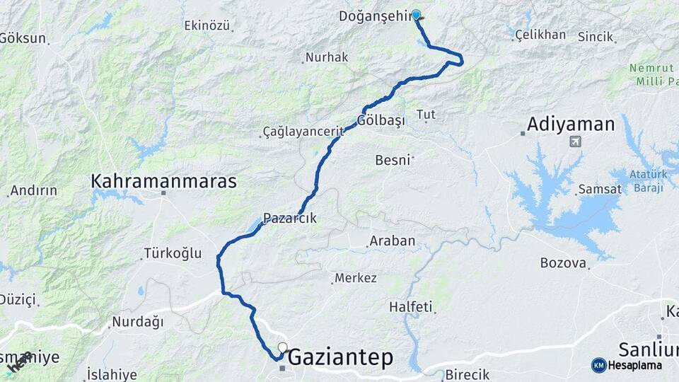 Malatya Doğanşehir Gaziantep Arası Kaç Km - Yol Haritası