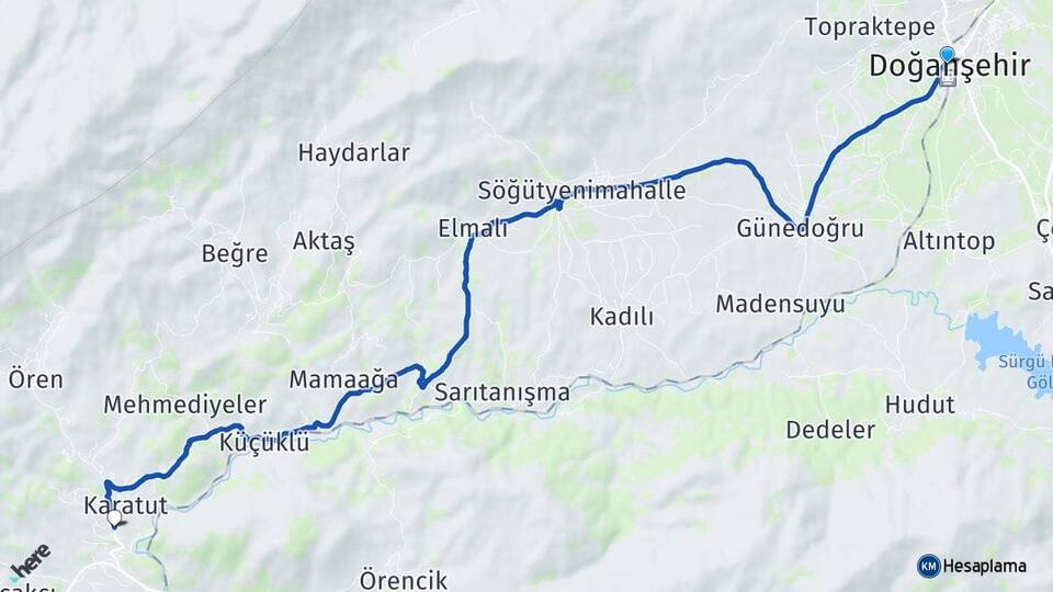 Malatya Doğanşehir Gövdeli Doğanşehir Arası Kaç Km - Yol Haritası