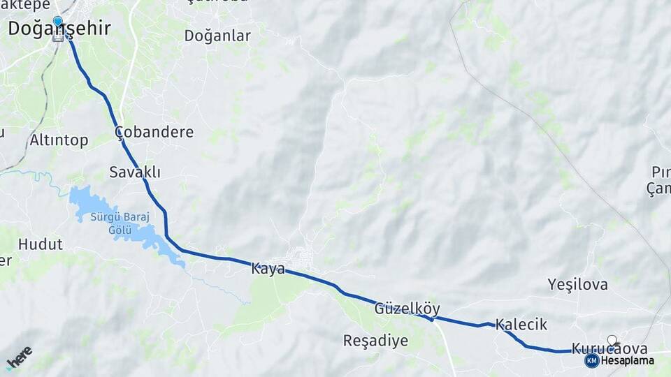 Malatya Doğanşehir Kurucaova Doğanşehir Arası Kaç Km - Yol Haritası