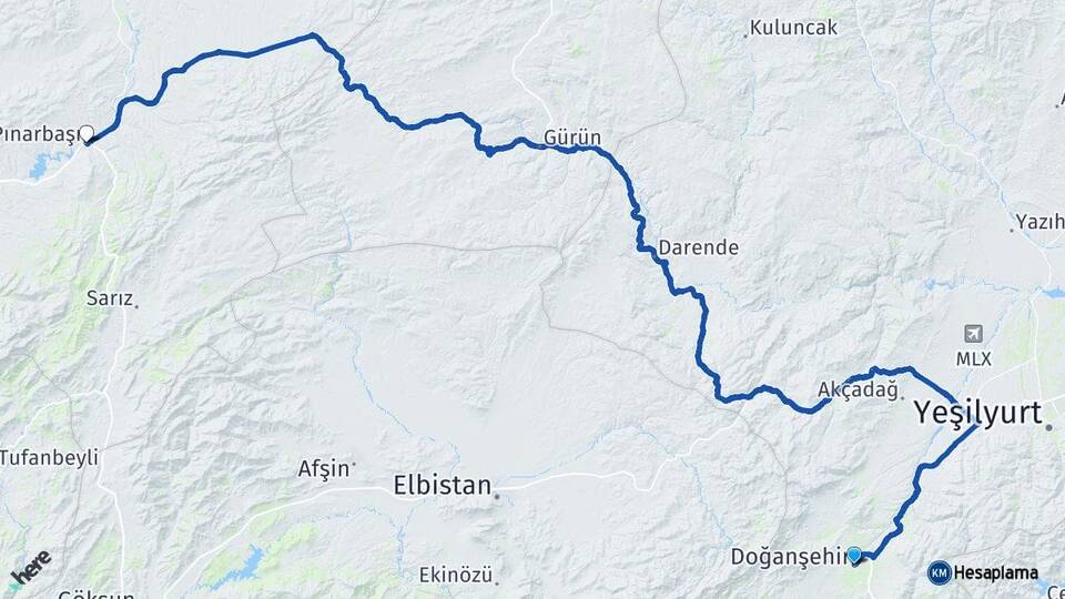Malatya Doğanşehir Pınarbaşı Kayseri Arası Kaç Km - Yol Haritası