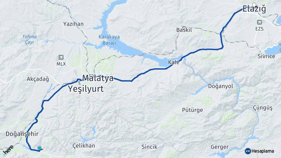 Malatya Doğanşehir Sürgü Elazığ Arası Kaç Km - Yol Haritası